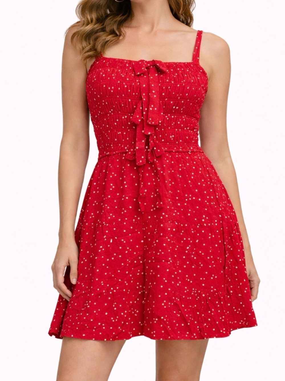 Francesca's Collections Red Polka Dot Mini Dress with Tie Details